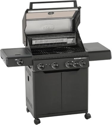 Газовий гриль RSLE ALLFLAME Hero 4 4 пальники (по 3,5 кВт), PRIMEZONE, BACKBURNER, робоча поверхня 70x45 см, чавунні решітки, алюмінієве лиття, кришка зі скляною вставкою, підсвічування ручок, чорний