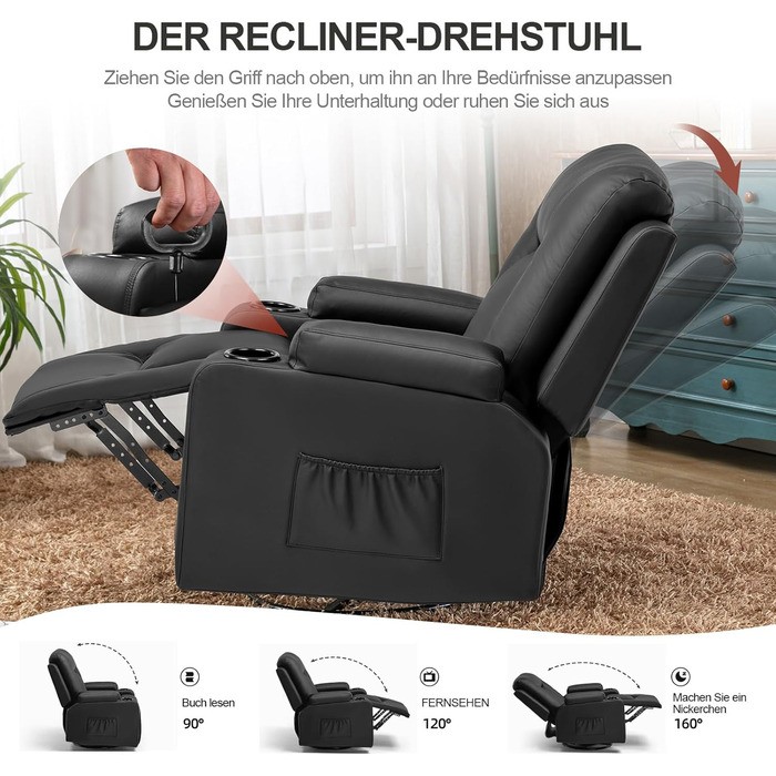 Крісло для телевізора LUCKRACER з розкладним підйомником з функцією відкидання та підставкою для ніг, поворотне на 360 крісло для телевізора для вітальні, крісло-гойдалка з підставками для чашок та 2 боковими кишенями, шкіра штучна, чорний поліуретан