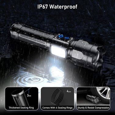 Світлодіодний ліхтарик Blukar з 2 колірними температурами, основним світлом та боковим COB-світлом, акумуляторний, надзвичайно яскравий, плавно регульований, ручний ліхтарик із можливістю масштабування, 7 режимів, водонепроникний для надзвичайних ситуацій