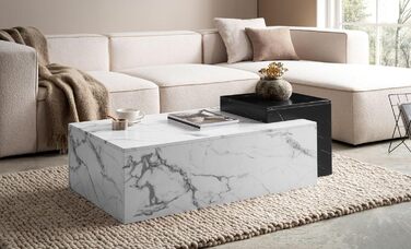 Журнальний столик FineBuy 120x60x40 см Білий Чорний Диванний столик з мармуровим виглядом Сучасний, Дизайнерський Прямокутний стіл для вітальні, Дворівневий журнальний столик, Великий журнальний столик