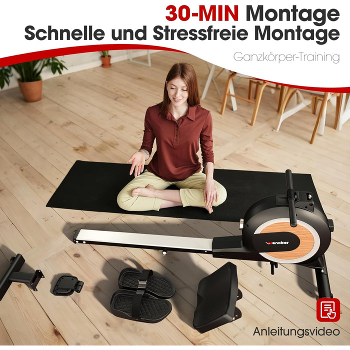 Гребний тренажер Wenoker, магнітний гребний тренажер для домашнього використання, покращений, тихий опір з 16 рівнями та інтелектуальною електронною поворотною ручкою, максимальна вага користувача 160 кг, підключення до додатку, чорний