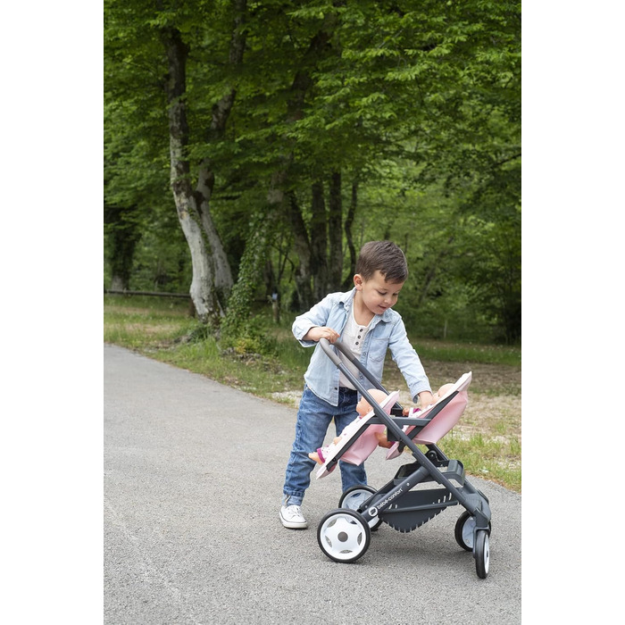 Коляска для двійні - для ляльок та ляльок - безшумні та різноспрямовані колеса - кошик для зберігання - 253216 Рожевий