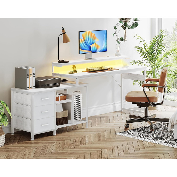 Г-подібний письмовий стіл ODK з шухлядами, кутовий стіл 174x100 см, білий з перевернутою полицею, ігровий стіл зі світлодіодним підсвічуванням та підставкою для монітора, комп&39ютерний стіл, офісний стіл для кабінету або спальні, 174x100 см, білий