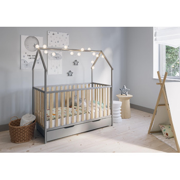 Дитяче ліжко-будиночок FabiMax з малюнком сони, біле лаковане, 140x70 см, виготовлене з масиву сосни (надувний матрац, з шухлядою)