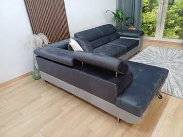 Кутовий диван Aston з функцією сну та відділенням для зберігання речей, вітальня, L-подібний диван з відділенням для зберігання речей, L-подібної форми, диван з функцією сну (темно-сірий/сірий, шезлонг ліворуч) Темно-сірий / сірий, шезлонг ліворуч