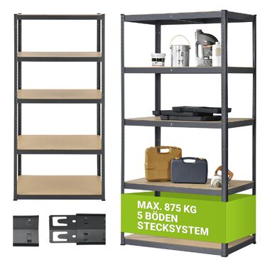 Базовий посилений стелаж Juskys 200x100x60 см (ВxШxГ) - 875 кг - 5 полиць - Стелаж для зберігання, безболтовий стелаж, металевий підвальний стелаж, система стелажів - сірий