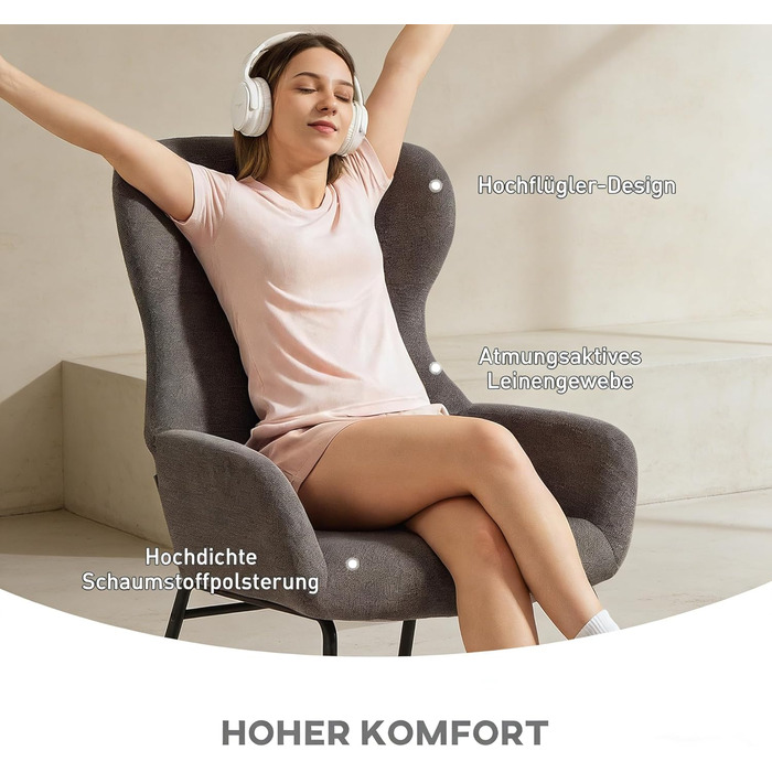 Крісло HOMCOM Wingback, крісло для вітальні, крісло для відпочинку, крісло-реклайнер з високою спинкою, сталеві ніжки, м&39яке крісло з лляним виглядом, крісло для читання для спальні, темно-сірий