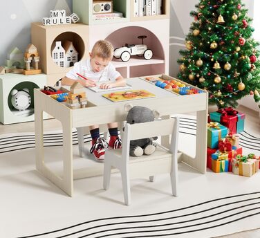 Дитячий комплект сидіння MAMIZO з місцем для зберігання, дитячий стіл з 2 стільцями, комплект дитячого столу та стільців з двосторонньою стільницею, дитячий стіл для дитячих кімнат та дитячих садків, вік 3, колір дерева з білим