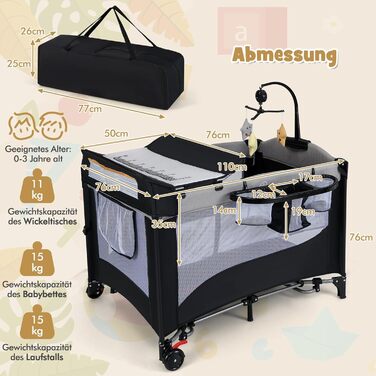Дорожнє ліжечко з матрацом, дитяче ліжечко 5-в-1 з колесами, пеленальний килимок та музичний мобіль, дитяче ліжечко 110x76 см з сумкою для перенесення, для новонароджених та немовлят (сірий)