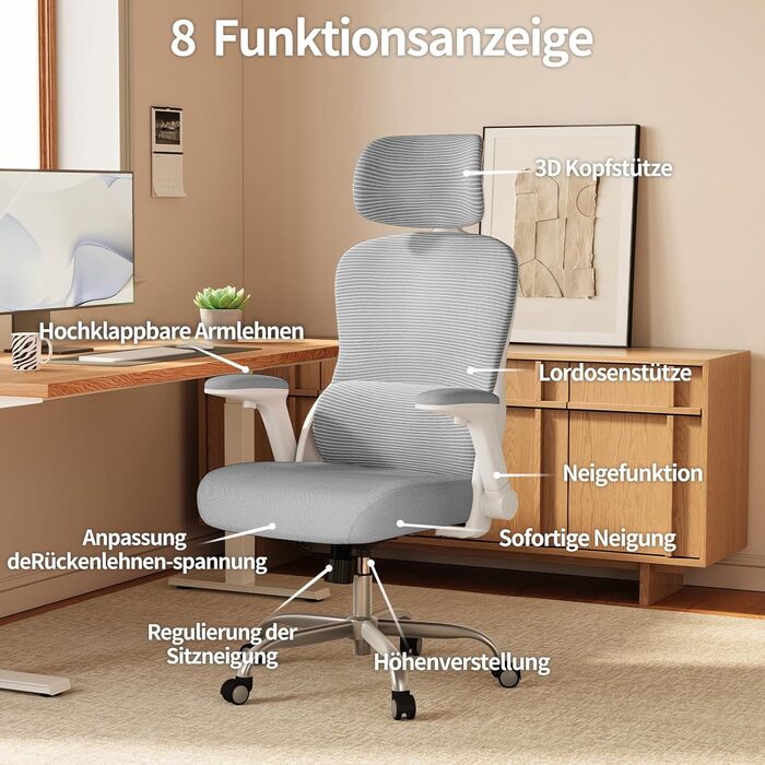 Ергономічне офісне крісло TRALT - Ігрове крісло з регульованим підголівником та поперековою опорою - Офісне крісло для дому - Комп&39ютерне крісло для високих людей - Сітчасте крісло, вантажопідйомність 150 кг, сірий колір