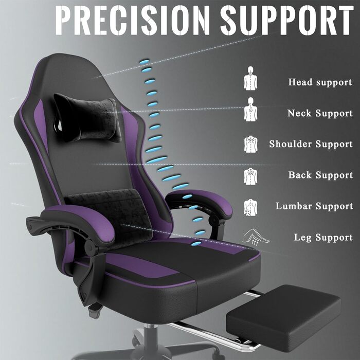 Ігрове крісло Cavabien з пружинною амортизацією Pocket Spring та підставкою для ніг, ергономічне комп&39ютерне крісло для дорослих, дихаюче ігрове крісло зі штучної шкіри (фіолетове)