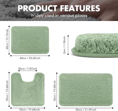 Набір із 3 нековзних килимків для ванної, мякі, водопоглинаючі, волохаті килимки для ванної з мікрофібри з високим ворсом, килимки для ванни, душу та ванної кімнати, які можна прати в пральній машині (зелені) 80 x 50 см (прямокутні)