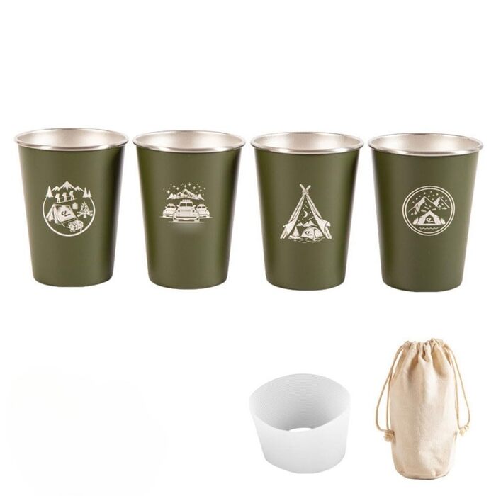 Набір із 4 кавових чашок з нержавіючої сталі 304 об&39ємом 350 мл із силіконовим тримачем для напоїв та сумкою для зберігання на природі, кемпінгу та подорожей