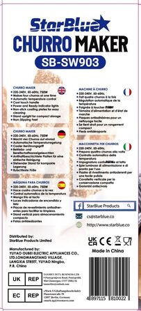 Сковорода StarBlue Churro з безкоштовною електронною книгою рецептів готуйте здорові та безмасляні чурроси всього за кілька хвилин змінний струм 220-240 В 50/60 Гц 750 Вт, вилка Великобританії, європейська вилка