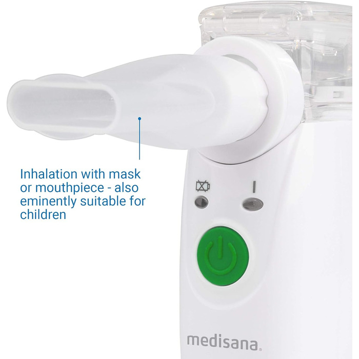 Портативний інгалятор Medisana IN 525, ультразвуковий небулайзер з мундштуком і маскою для дорослих і дітей, для лікування застуди або астми з додатковими аксесуарами, білий з ультразвуковою технологією