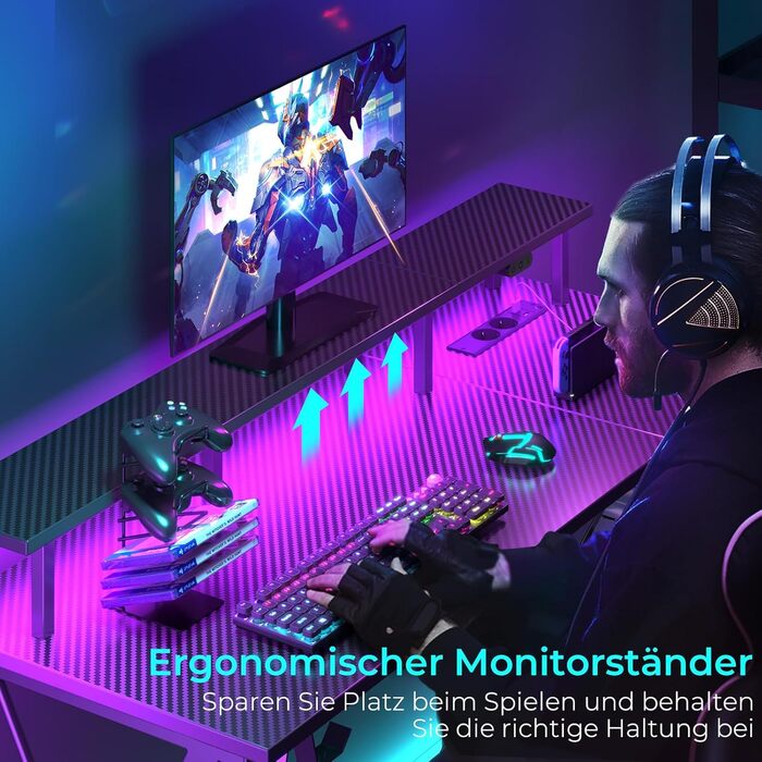 Ігровий стіл SEVEN WARRIOR зі світлодіодним освітленням та розетками, комп&39ютерний стіл 100 см з підставкою для монітора та підставкою для процесора, стіл з 2 гачками та підставкою для ніг, ідеально підходить для спальні або офісу, 100 x 47 x 87 см