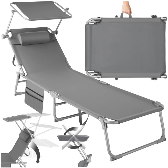 Складаний портативний шезлонг з бічною кишенею, пляжний шезлонг, садовий шезлонг з навісом, крісло-відкидний крісло з регульованою спинкою, включаючи підголівник - для балкону, тераси, кемпінгу - сірий