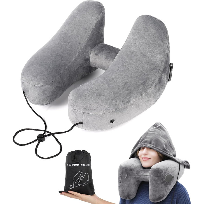 Надувна подушка для шиї Czemo Travel Pillow Airplane, Quick Inflatable Neck Pillow Airplane, Neck Pillow H Shaped Everlasting Comfort, дорожня подушка для подорожей в автомобілі, літаку, поїзді, сірий