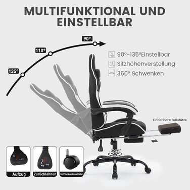 Ігрове крісло, гоночне ігрове крісло з підставкою для ніг, ергономічне ігрове крісло з підголівником, регульоване комп&39ютерне крісло, регульована висота, поперекова підтримка для домашнього офісу та ігор, чорний/білий Nk-bw