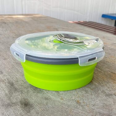 Кругла складна кемпінгова миска об&39ємом 1200 мл, силіконовий контейнер для зберігання їжі, силіконова миска з кришкою та складною ложкою 2-в-1, придатна для використання в морозильній камері та мікрохвильовій печі, зелена.