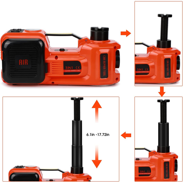Електричний гідравлічний домкрат 5T, автоматичний маневровий домкрат зі світлодіодним аварійним освітленням Ліфтовий домкрат 3-в-1 Набір інструментів для накачування шин, для автомобільного підйому висотою 15-45 см