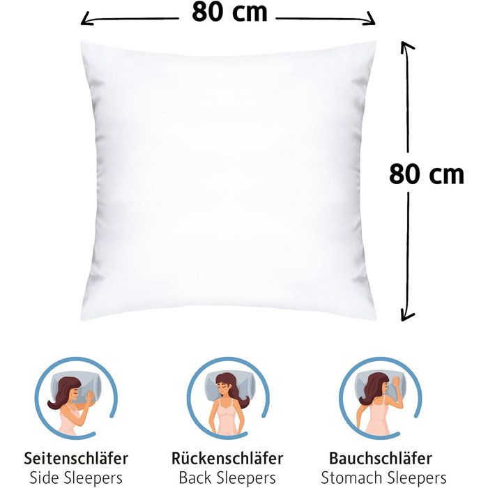 Подушки Komfortec 80x80 см, комплект з 2 шт. , сертифіковані Oeko-TEX, подушки з наповнювачем 1000 г, підходять для алергіків, можна прати, подвійний пакет 80x80 см, класичний