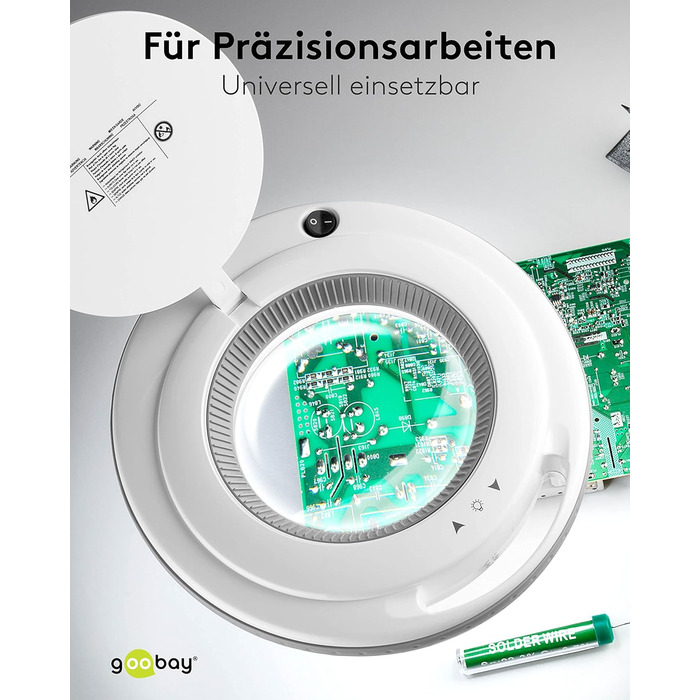 Світлодіодна лампа-лупа goobay 60362 з затискачем / споживана потужність 9 Вт / лінза з кришталевого скла 127 мм/колірна температура 6400 K / 1.75 шт. збільшення/світловий потік 83-730 люмен/біла версія 2023 року