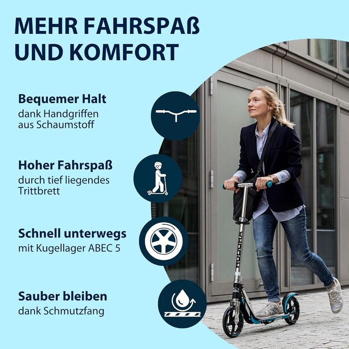 Самокат HUDORA BigWheel 205 стабільний алюмінієвий міський самокат, складаний, з регулюванням висоти та підніжкою, для дітей та дорослих до 100 кг, синій/чорний