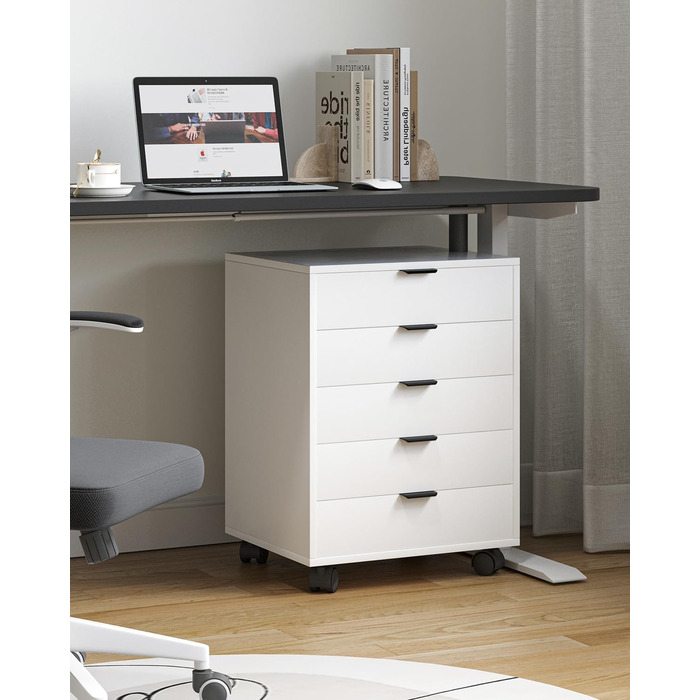 Шафа з шухлядами, контейнер на колесах, мобільна шафа для документів з 5 шухлядами, шафа під письмовим столом, офісний комод для домашнього офісу, білий 40 x 47,6 x 64,6 см