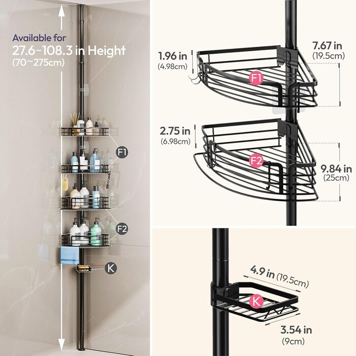 Кутова полиця для душу без свердління, телескопічна, регульована по висоті. Тримач для шампуню з 4 кошиками, нержавіюча сталь (70-267 см, чорний). Чорна 4-кошикова телескопічна полиця.