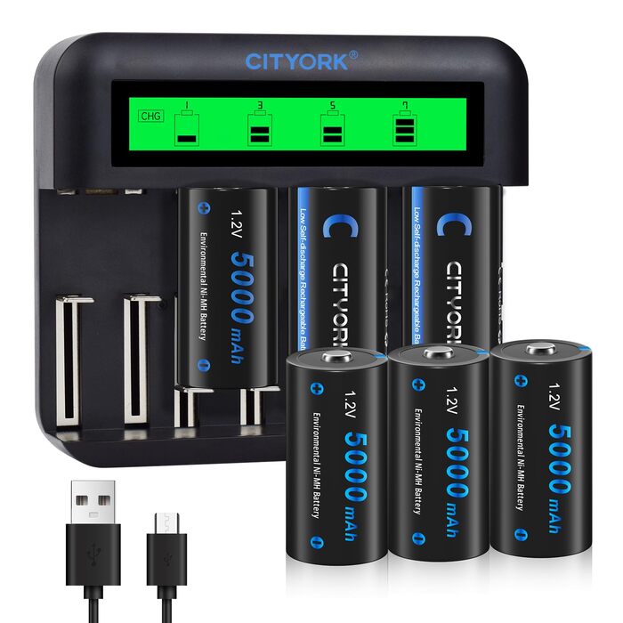 Акумуляторні батареї CITYORK C Cell 5000mAh з 8 слотами для зарядного пристрою Ni-MH акумуляторів AA AAA CD (зарядний пристрій та 6 батарейок Baby C)