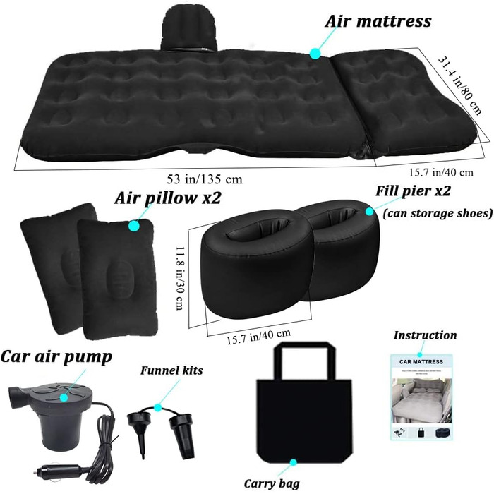 Надувний автомобільний матрац/ліжко для подорожей SAYGOGO, потовщене кемпінгове ліжко, спальний килимок з автомобільним повітряним насосом, 2 подушки для автомобіля, намету, позашляховика, седана, пікапа, чорний