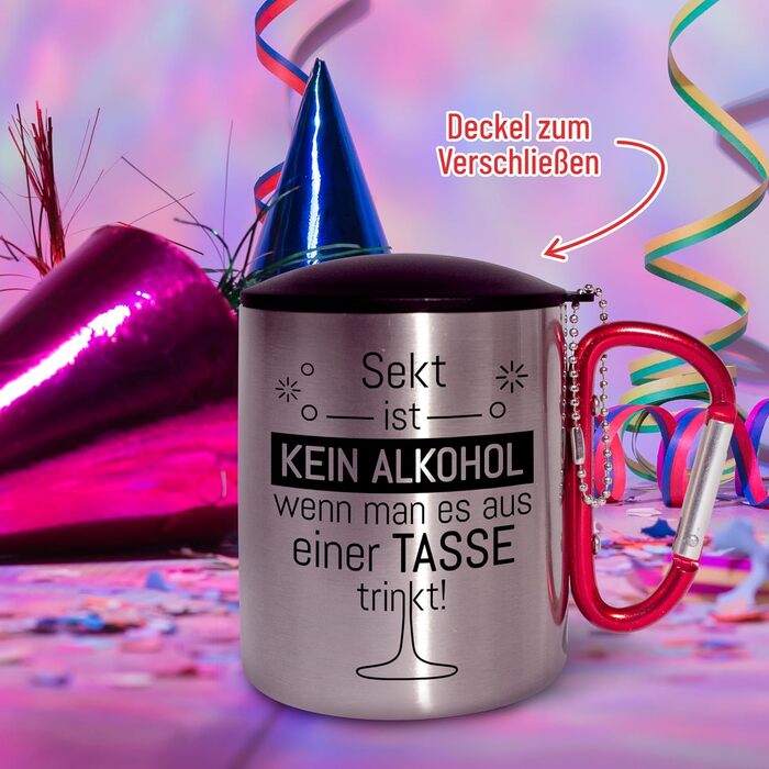 Кухоль True Statements з нержавіючої сталі з кришкою та карабіном, персоналізований Шампанське це не алкоголь Фестивальна або карнавальна кружка 300 мл Подарунок для активного відпочинку та кемпінгу Червоний карабін Шампанське це не алкоголь