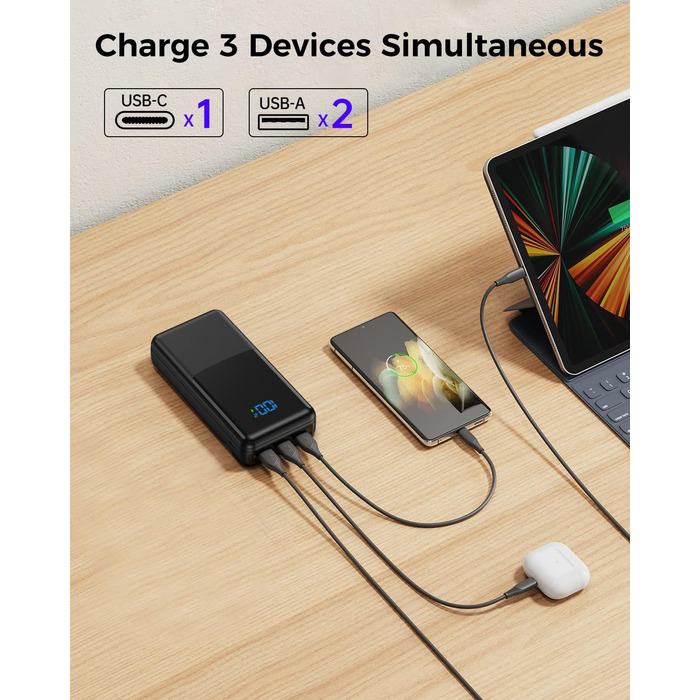 Портативний Power Bank USB C 30W Fast Charging Power Bank зі світлодіодним дисплеєм Зовнішня батарея мобільного телефону з 3 виходами та 2 входами для смартфонів, планшетів, AirPods тощо, 27000mAh