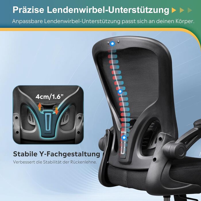 Ергономічне офісне крісло DEVAISE, стілець для роботи з регульованою поперековою опорою та підлокітниками, що складаються на 90, функція гойдання, комп&39ютерне крісло з регульованою висотою, чорне, для офісного використання, чорний колір, без підголівник