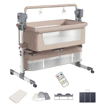 Дитяче ліжечко-ліжечко, дитяча колиска з колесами, дихаюча сітчаста тканина, безпечна та стійка конструкція, дитяче ліжко з 5 режимами гойдання (БЕЖЕВИЙ)
