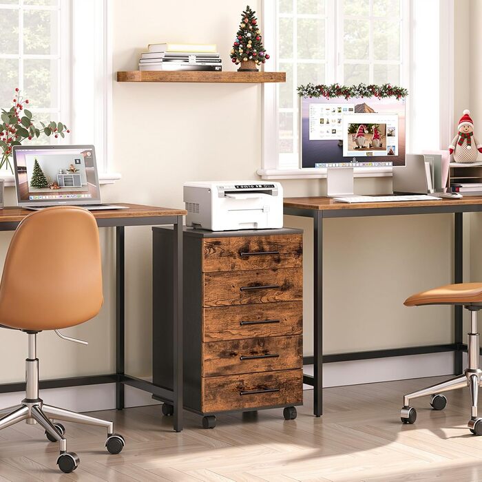 Шафа для документів HOOBRO, мобільна підставка з 5 шухлядами, дерев&39яна офісна шафа, комод для зберігання речей, індустріальний стиль, легке складання, сільський колір, темно-коричневий та чорний EBF05WJ01G1