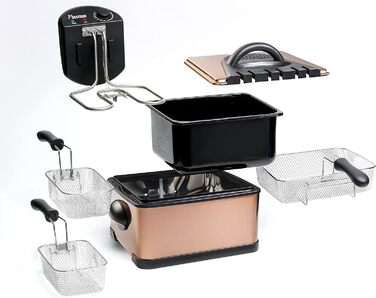 Олійна фритюрниця Bestron XL з 3 кошиками для смаження, включаючи технологію холодної зони та знімний контейнер для олії, 4 літри, можна мити в посудомийній машині, 2000 Вт, нержавіюча сталь, колір мідь