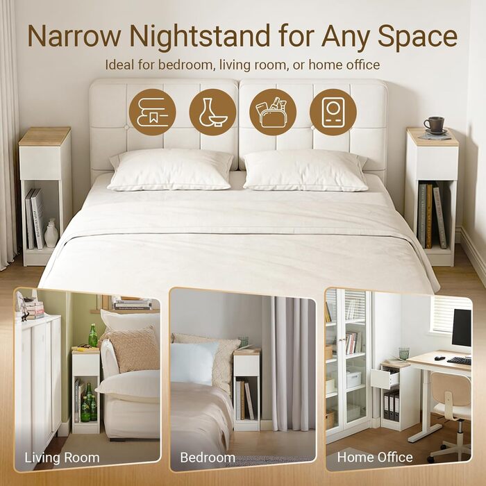 Комплект із 2 вузьких тумбочек, приліжкові тумбочки з шухлядою та полицею, тумбочки для спальні та вітальні, білі, Ш20 x Г35 x В60 см, FBT111-WNx2