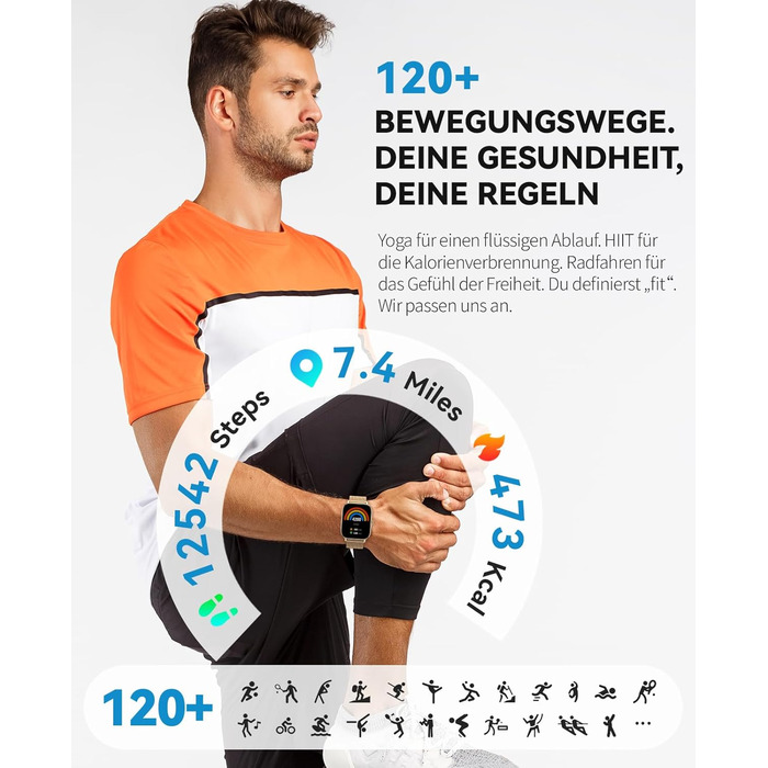 Розумні годинники для жінок та чоловіків, фітнес-годинник, фітнес-трекер з більш ніж 120 спортивними режимами, крокомір, монітор сну, водонепроникність IP68, розумний годинник для Android/iPhone (золотистий, 1.91)