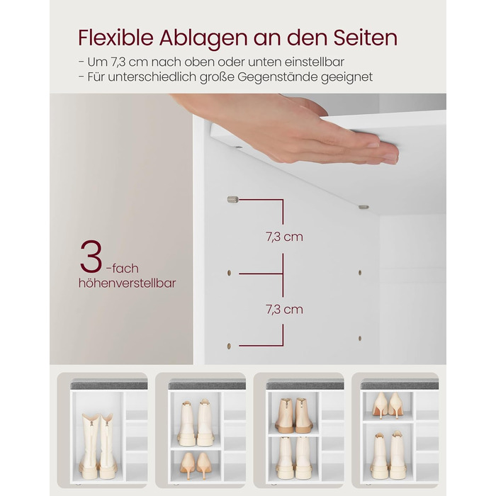 Лавка для взуття VASAGLE, полиця для взуття із сидінням, лавка для зберігання речей, добре оббита, лавка для передпокою з 10 відділеннями, регульовані полиці, для спальні, 30 x 104 x 48 см, біло-сірий LHS10WT білий сірий