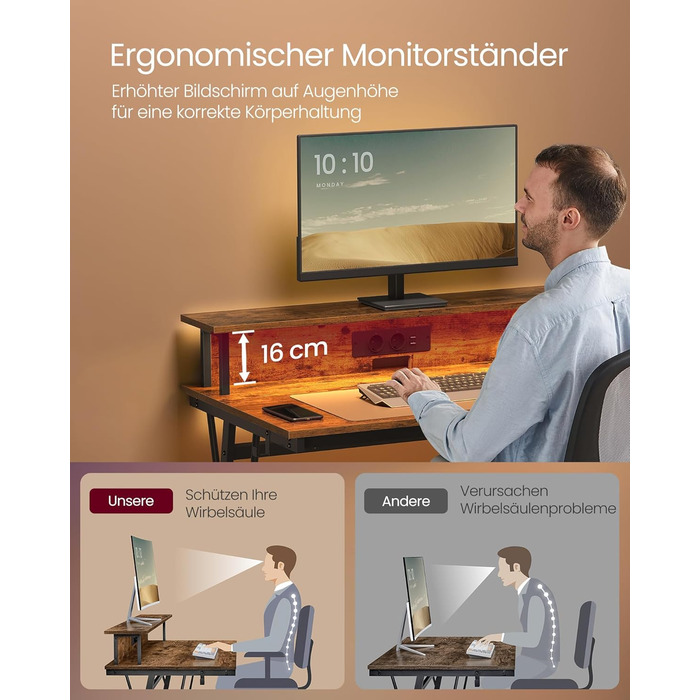 Ігровий стіл із вбудованим подовжувачем, Комп&39ютерний стіл, з підставкою для 2 моніторів, Спальня, 60 x 100 x 76 см, Вінтажний коричневий LWD191K01 100 x 60 см Вінтажний коричневий