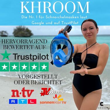 Маска для сноркелінгу Khroom для дорослих та дітей (від 3 років) Безпечна для CO2 Маска для повного обличчя з системою Easy-Breath Альтернативний комплект для сноркелінгу Маска для дайвінгу Seaview Y для дітей до 1,60 метра (S/M) бірюзового кольору
