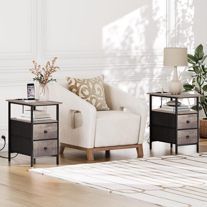 Вузький бічний столик HOOBRO із зарядною станцією, тумбочка з 2 флісовими шухлядами, компактний бічний столик, для невеликих приміщень, спалень, сіро-чорний EBG486CBZ01 сірий чорний