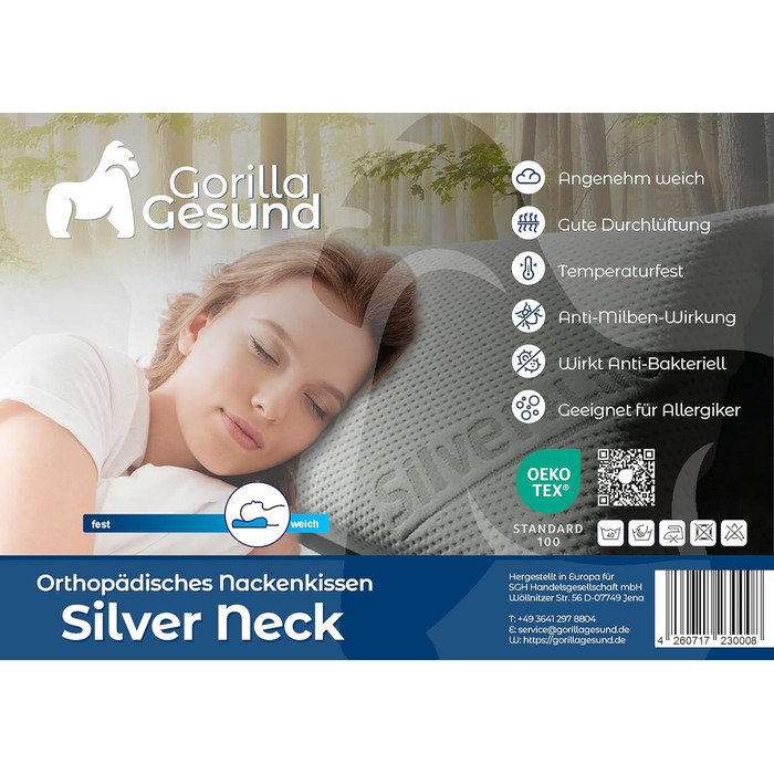 Ортопедична подушка для шиї Silver Neck - в&39язкопружна подушка, подушка з піни з ефектом пам&39яті з чохлом Silver & Life - 70x34 см - висота 13 см 70 x 34 см, висота 13 см