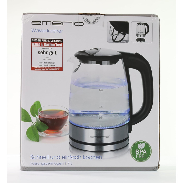 Скляний чайник EMERIO ємністю 1,7 л 2200 Вт синє світлодіодне внутрішнє освітлення підставка на 360 Переможець тесту Ціна/якість д