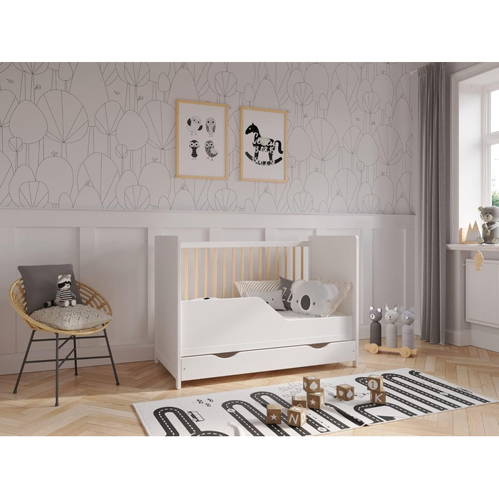 Дитяче ліжечко/спальне місце Love For Sleep 120x60 см з поролоновим матрацом та стьобаним чохлом, дитяче ліжко Tokyo білого кольору з сосни, дерев&39яне дитяче ліжко - трансформоване дитяче ліжко, білий/сосна