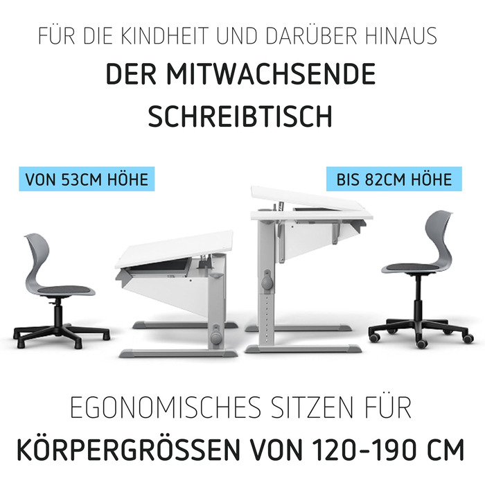 Дитячий письмовий стіл Moll Sprinter, регульований по висоті росте разом з вашою дитиною, ергономічний та нахиляється для вертикального сидіння ідеально підходить для школярів білий письмовий стіл, додаткова шухляда Зроблено в Німеччині Бічна стільниця та