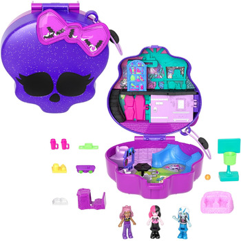 Ігровий набір Polly Pocket Monster High з 3 маленькими ляльками та 10 аксесуарами, шкільний світ всередині, портативна іграшка для подорожей з місцем для зберігання, HVV58