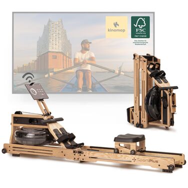 Водний гребний тренажер SportPlus для домашнього використання - Розроблено в Німеччині - Складаний водний гребний тренажер - Міцна дубова деревина - Преміальний дерев&39яний гребний тренажер, до 180 кг та 200 см, масив дуба, складний (сумісний із додатком